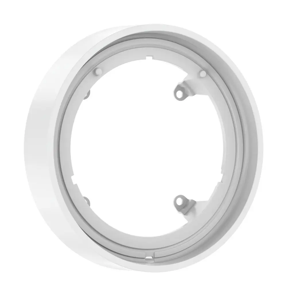 Runde, weiße Rosette zur Wandmontage, mit Öffnungen für Befestigungselemente. Kompatibel mit Hansgrohe Produkten.